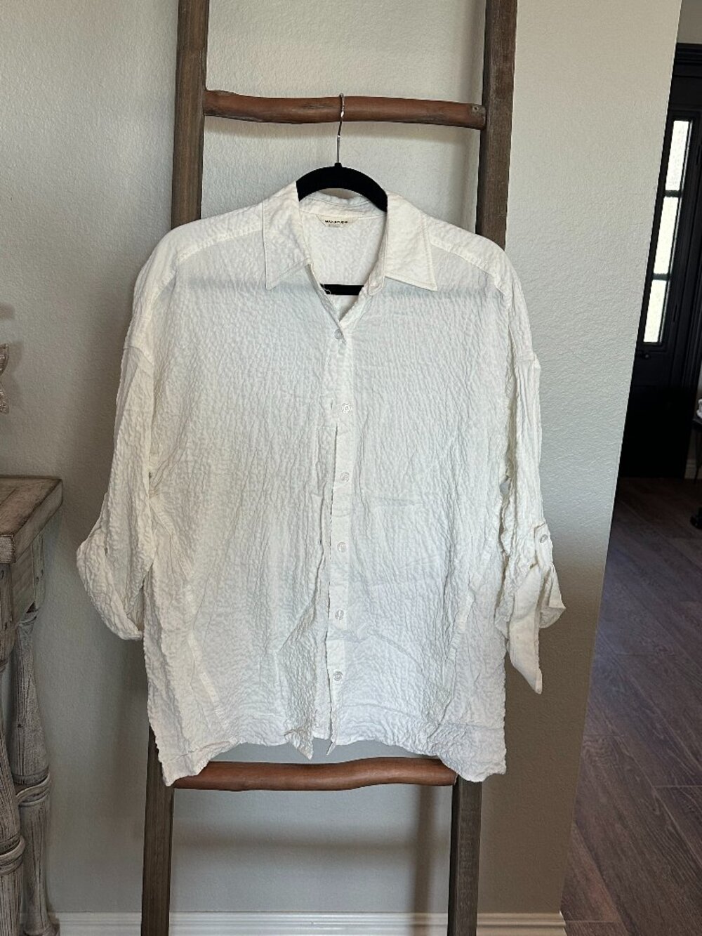 Max Studio Medium Ivory Crinkle Button Front Oversized Shirt Blouse